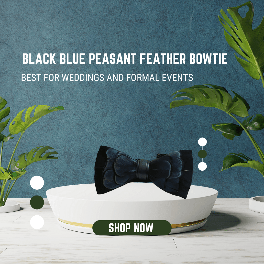 Black & Blue Pheasant Feather Bow Tie and Lapel Pin Set - Handmade Formal Accessory