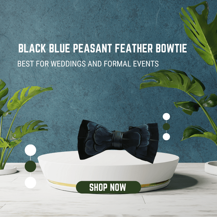 Black & Blue Pheasant Feather Bow Tie and Lapel Pin Set - Handmade Formal Accessory