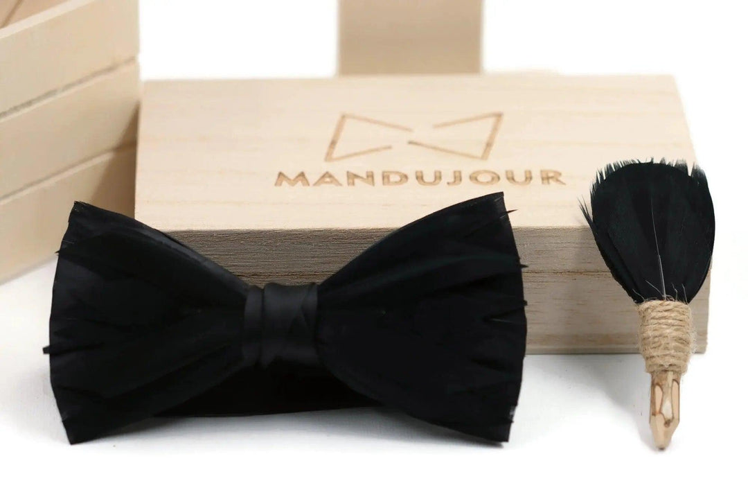 All Black Goose Feather Bow Ties lapel Pin Set - Mandujour