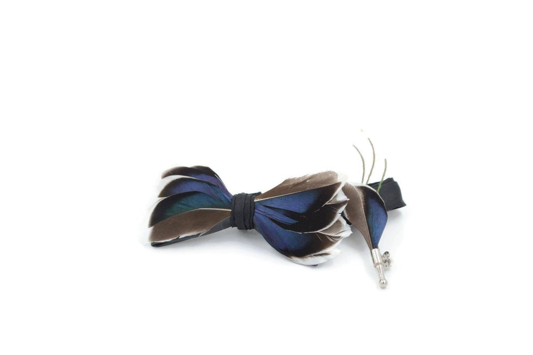 All Duck Feather Bow Tie with Feather Lapel Pin Set - Mandujour