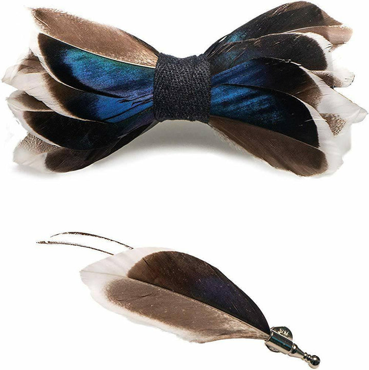 All Duck Feather Bow Tie  with Feather Lapel Pin Set - Mandujour