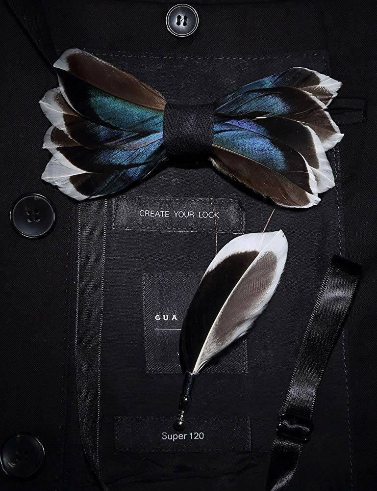 All Duck Feather Bow Tie  with Feather Lapel Pin Set - Mandujour