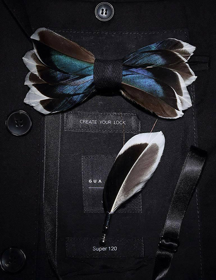 All Duck Feather Bow Tie  with Feather Lapel Pin Set - Mandujour