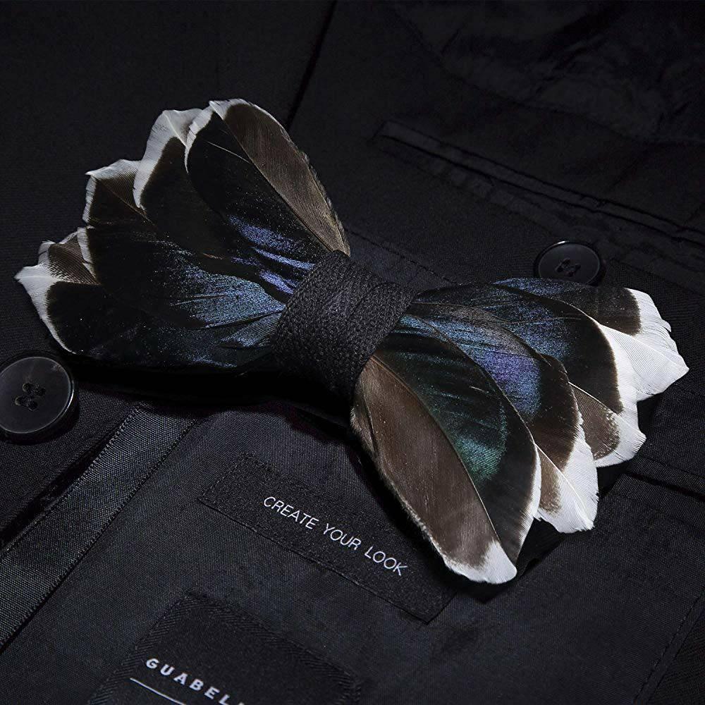 All Duck Feather Bow Tie  with Feather Lapel Pin Set - Mandujour