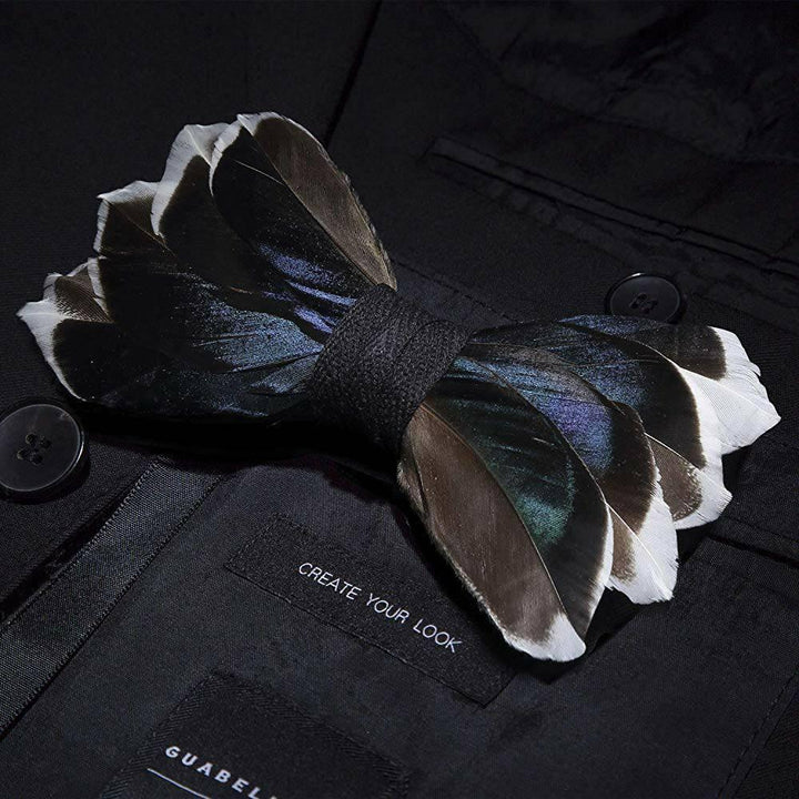 All Duck Feather Bow Tie  with Feather Lapel Pin Set - Mandujour