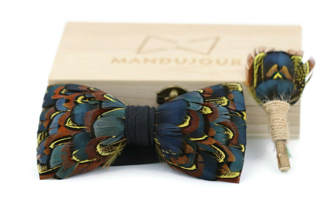 Boston Smaht Feather Bow Tie  with Feather Lapel Pin Set - Mandujour Handmade - Mandujour