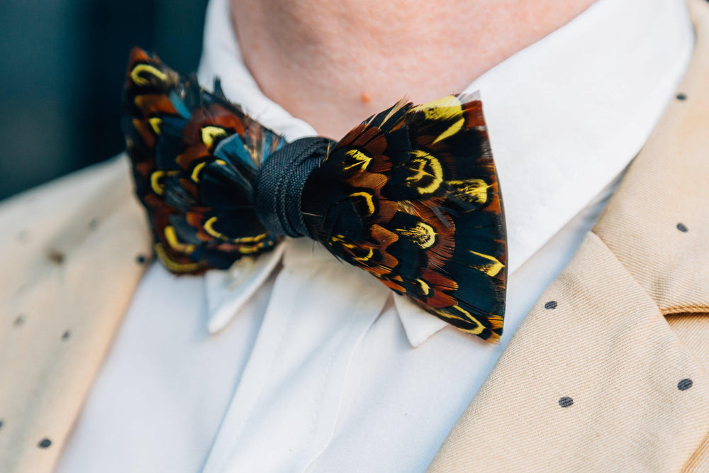 Boston Smaht Feather Bow Tie  with Feather Lapel Pin Set - Mandujour Handmade - Mandujour