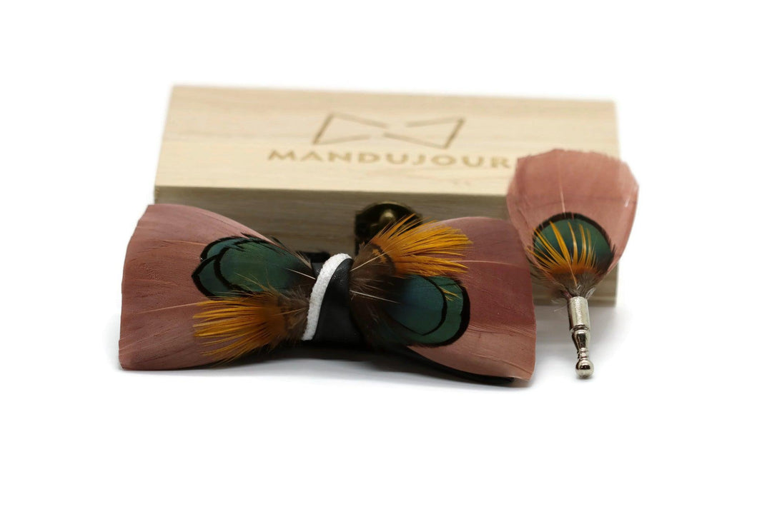 Brown Kiwi Feather Bow Tie with Feather Lapel Pin Set - Mandujour