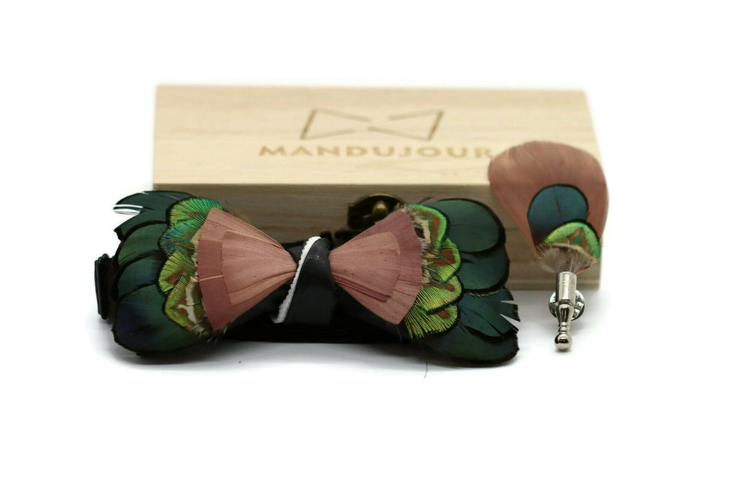 Exotic Fruitloop Feather Bow Tie with Feather Lapel Pin Set - Mandujour