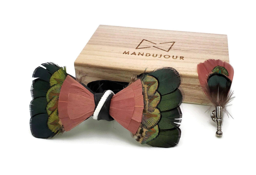 Exotic Fruitloop Feather Bow Tie with Feather Lapel Pin Set - Mandujour