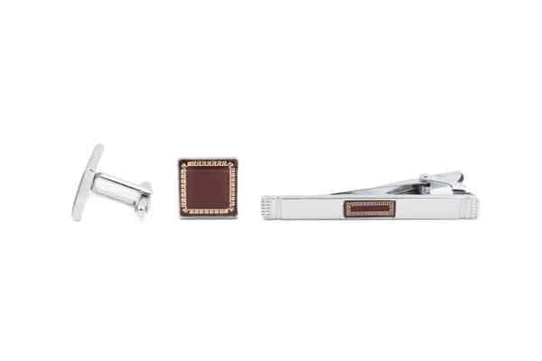 Glenn Red Squared Chrome Cuff-Links and Tie Clip Set - Mandujour