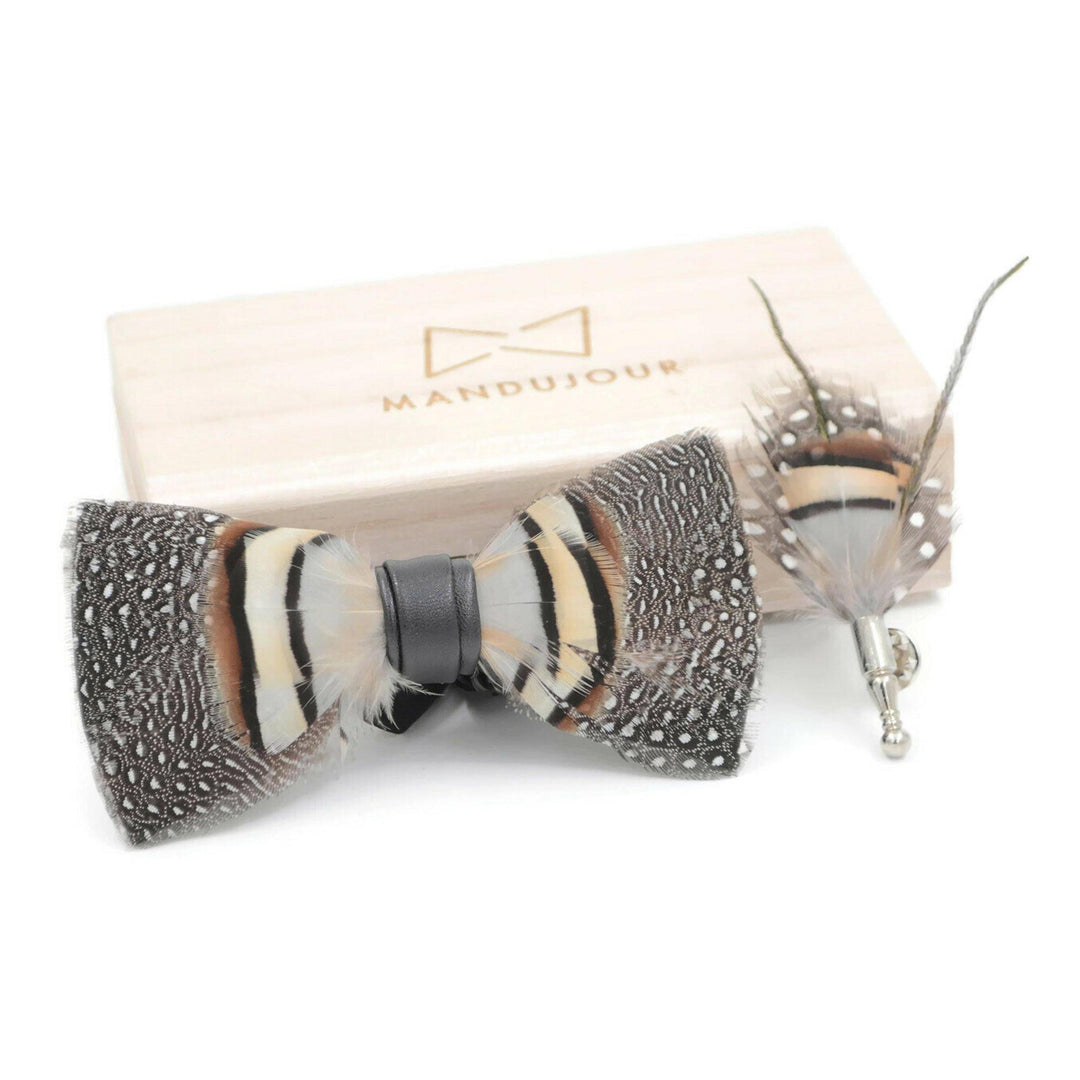 Guinea brown feather bow tie & lapel pin set - Mandujour