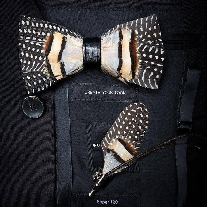Guinea brown feather bow tie & lapel pin set - Mandujour