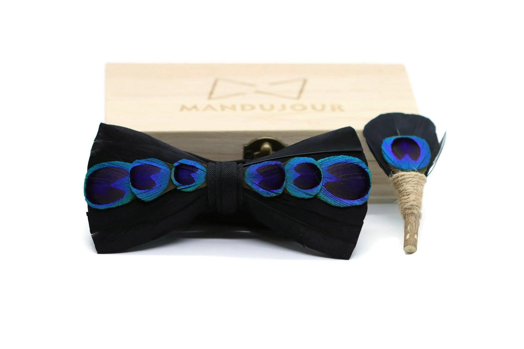 New York Feather Bow Tie & Lapel pin set - Mandujour