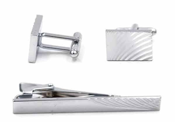 Noah Chrome Rectangular Cuff-Links and Tie Clip Set - Mandujour