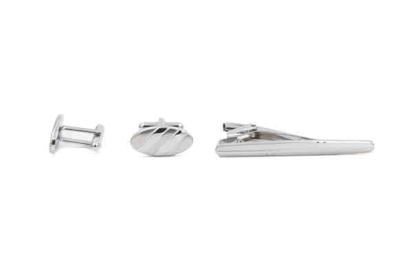 Oscar Chrome Cuff-links and Tie Clip Set - Mandujour
