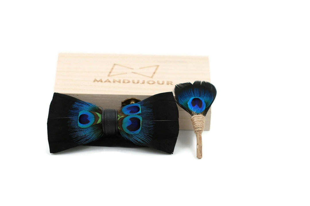 Peacock Midnight Eye Feather Bow Tie & Lapel pin set - Mandujour