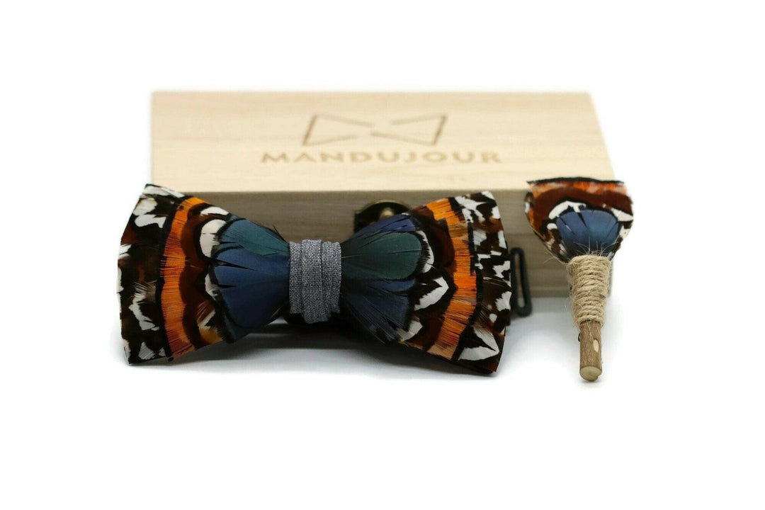 Philadelphia Feather Bow Tie  with Feather Lapel Pin Set - Mandujour Handmade - Mandujour