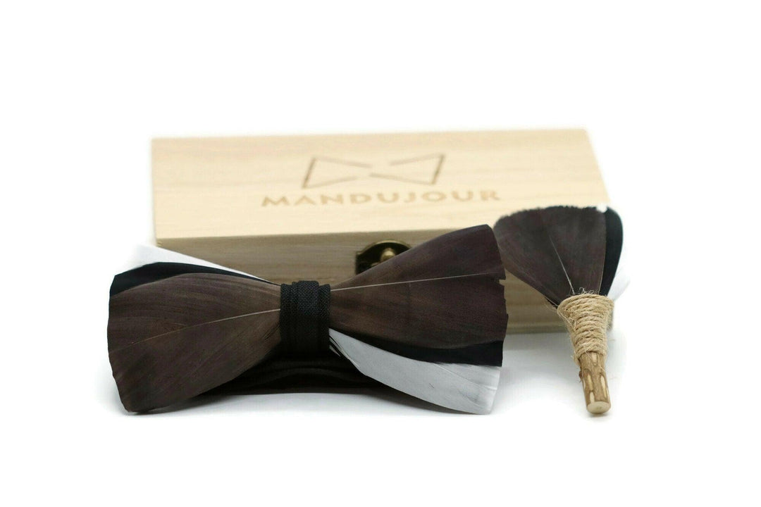 Phoenix Feather Bow Tie with Feather Lapel Pin Set - Mandujour Handmade - Mandujour