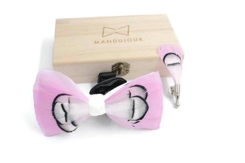 Pink White Pheasant Feather Bow Ties lapel Pin Set - Mandujour