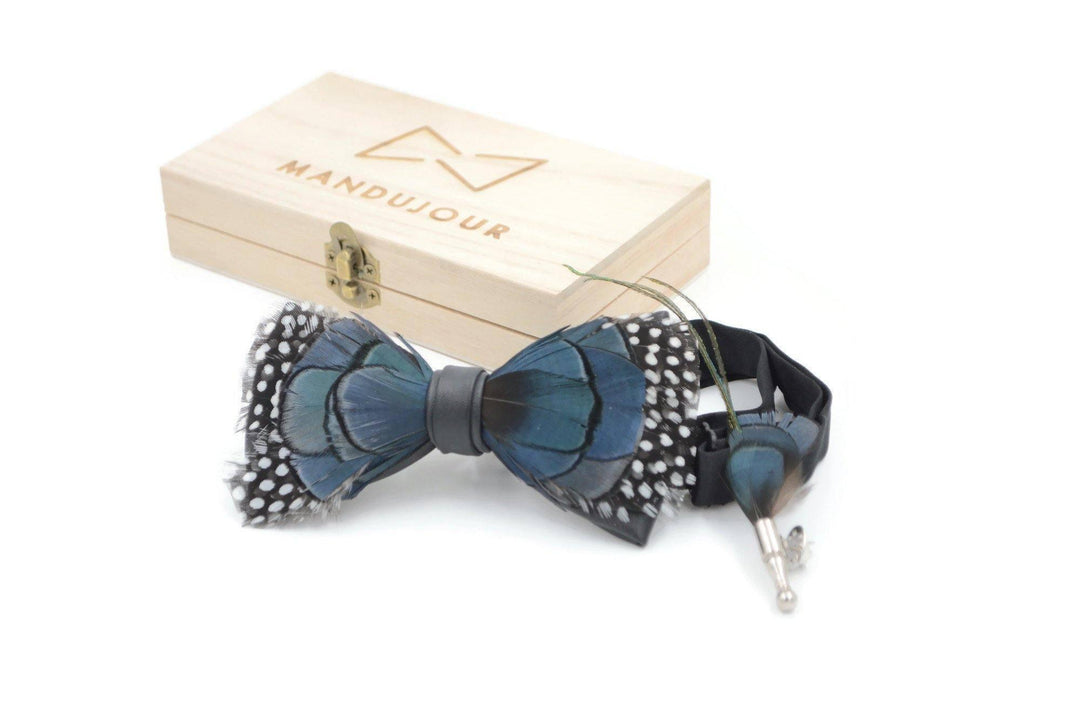 Polka-dot Blueish Pheasant Feather Bow Ties lapel Pin Set - Mandujour