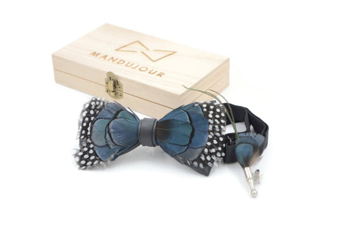 Polka-dot Blueish Pheasant Feather Bow Ties lapel Pin Set - Mandujour
