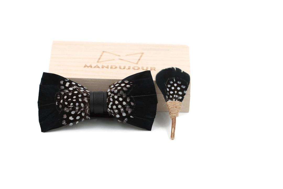 Quisqueya Black Polka Goose Feather Bow Ties lapel Pin Set - Mandujour