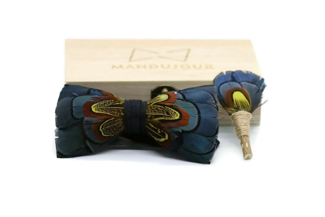 San Diego Feather Bow Tie with Feather Lapel Pin Set - Mandujour Handmade - Mandujour