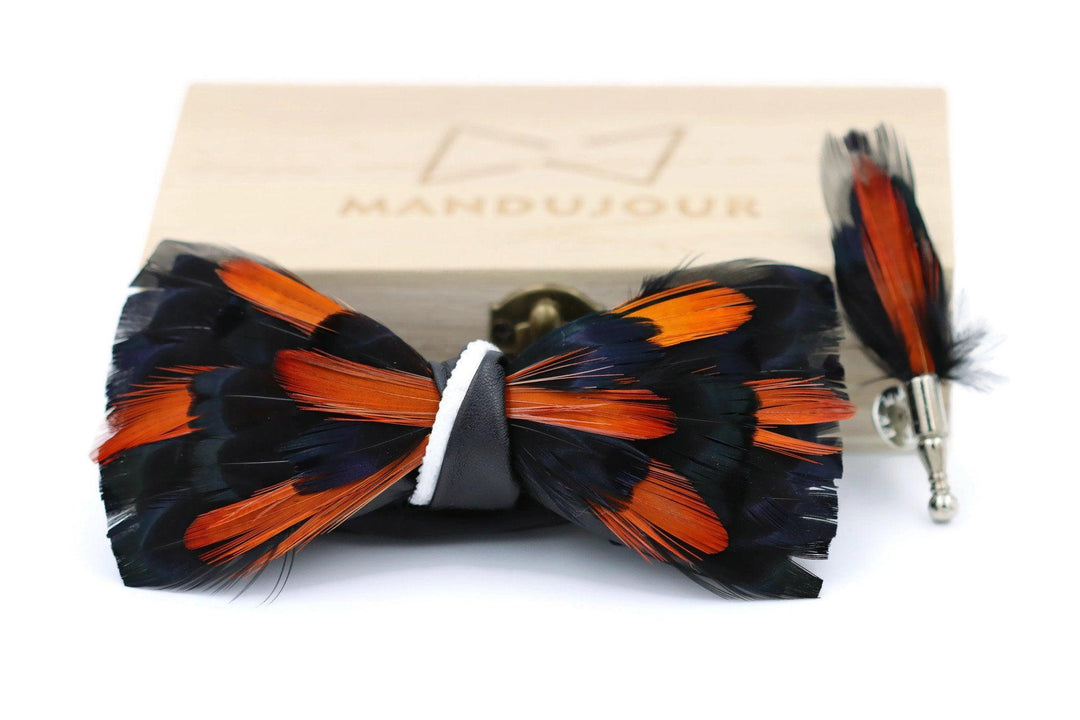 San Jose black and orange Feather Bow Tie with Feather Lapel Pin Set - Mandujour Handmade - Mandujour