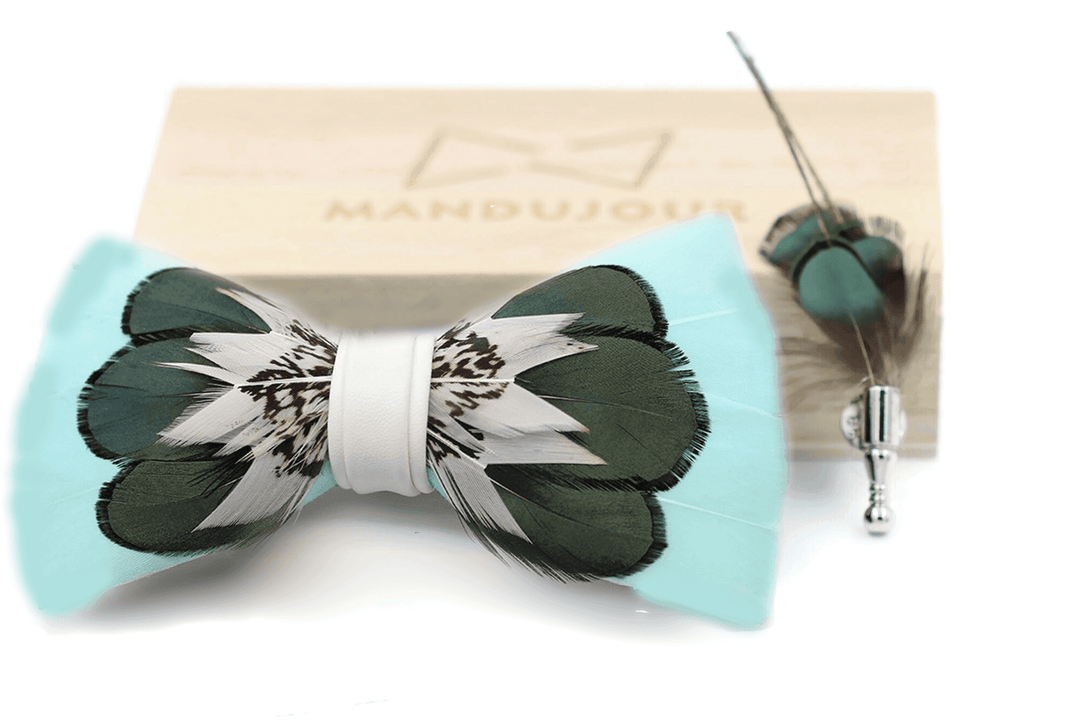 Teal Duck Feather Bow Tie with Feather Lapel Pin Set - Mandujour