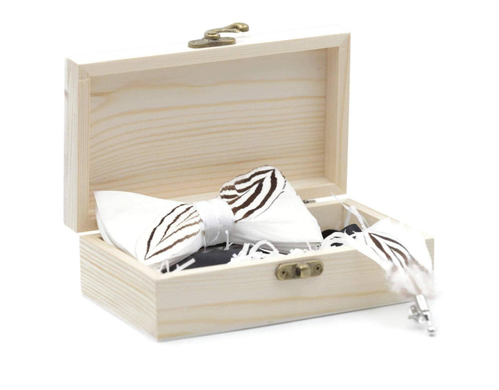 White Silver Pheasant Feather Bow Ties lapel Pin Set - Mandujour