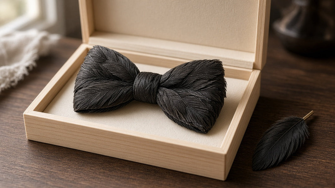 Feather bow tie stored in pinewood gift box