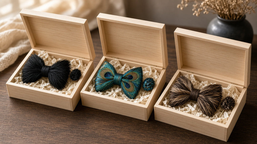 Groomsmen feather bow tie gift sets in pinewood boxes