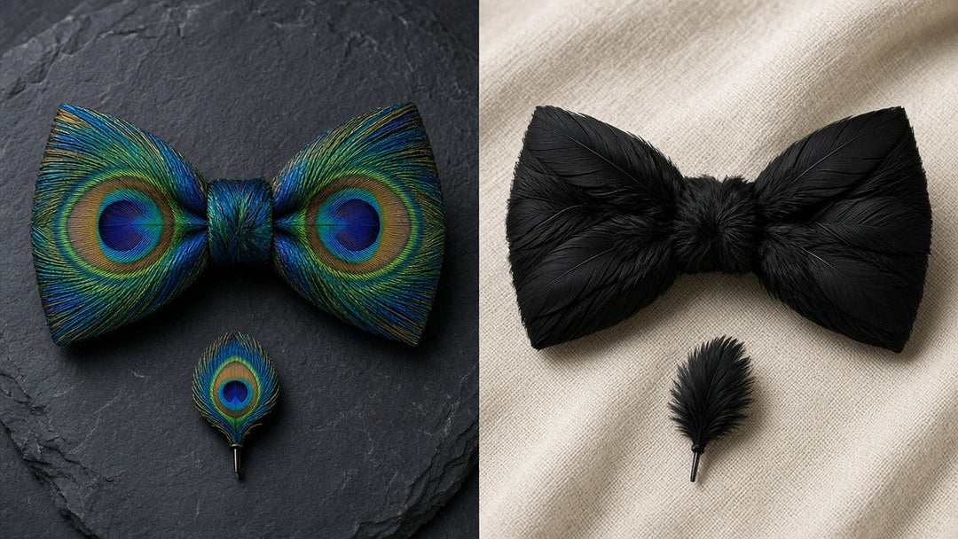 Peacock vs black goose feather bow ties side by side