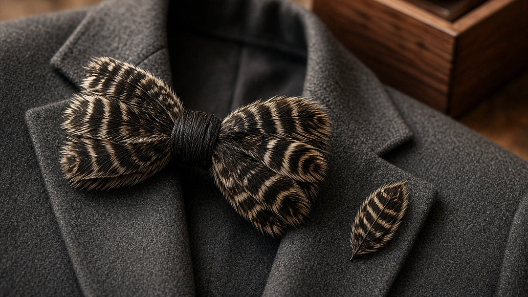 Black and brown turkey feather bow tie with matching lapel pin on a charcoal wool lapel, wooden gift box softly blurred behind