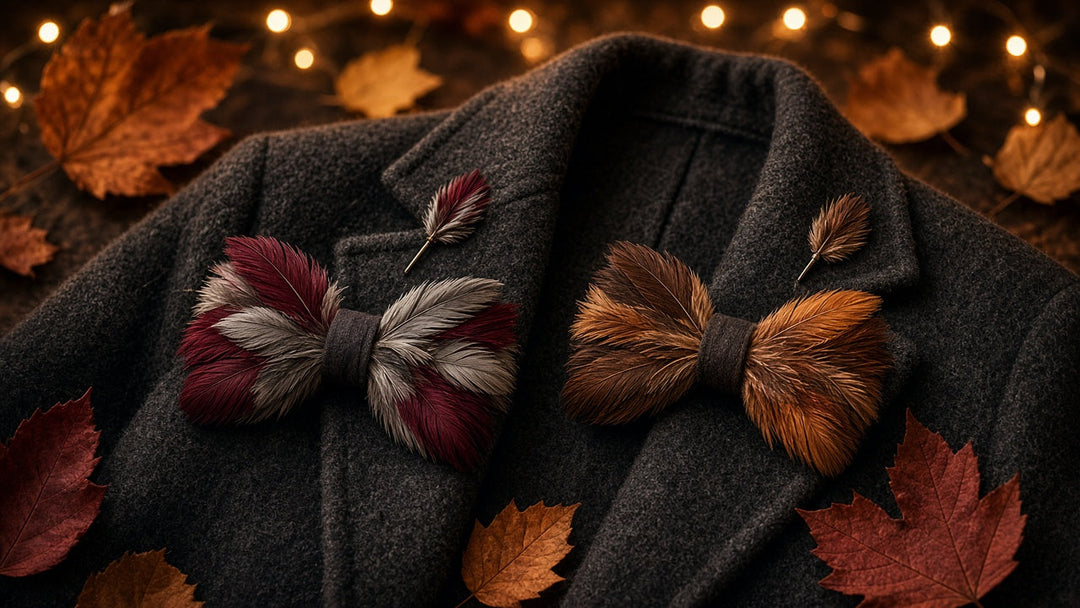 Brown and burgundy feather bow ties on a wool jacket among autumn leaves in warm evening light
