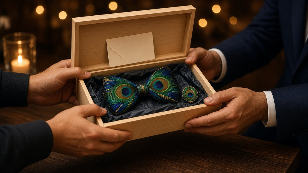 Open wooden gift box holding a handcrafted feather bow tie and matching lapel pin