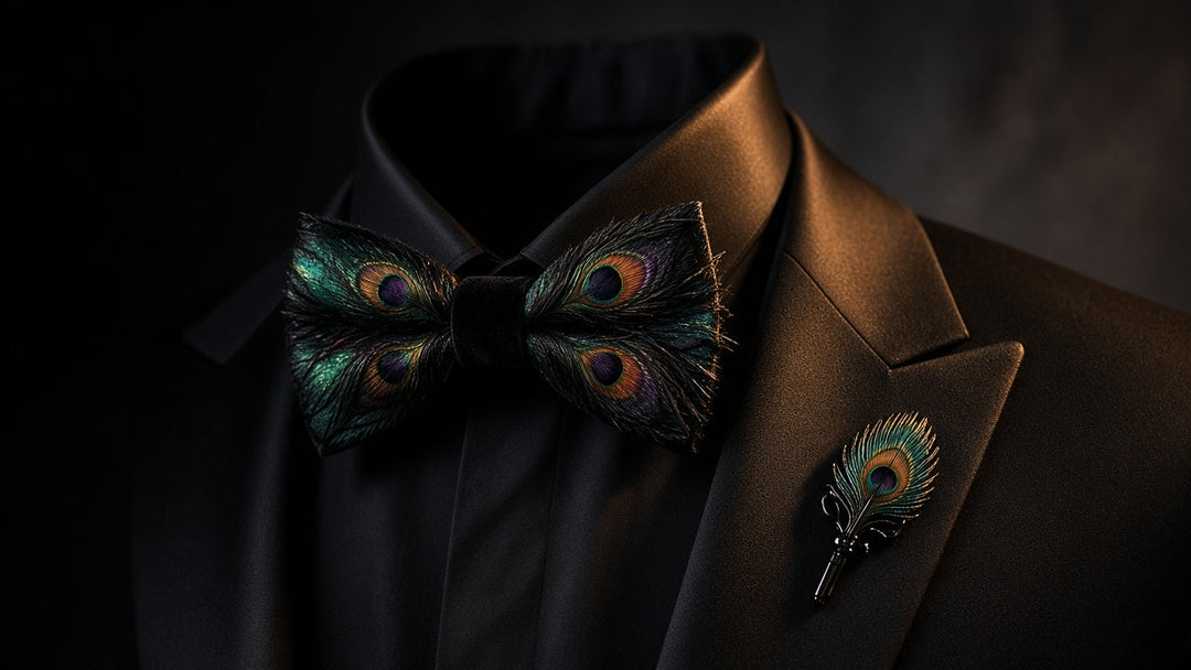 Peacock feather bow tie and lapel pin on black tuxedo — Halloween cocktail look
