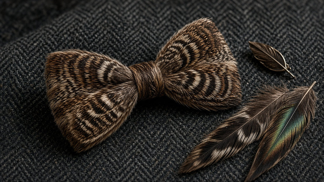 Close-up of patterned brown and iridescent green pheasant feathers beside a feather bow tie on dark tweed