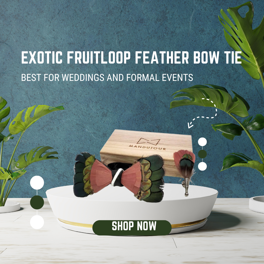 Exotic Fruitloop Feather Bow Tie with Feather Lapel Pin Set