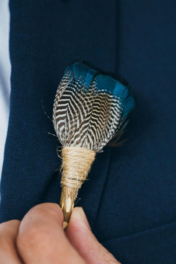 Denver Blues Feather Bow Tie & Lapel pin set - Mandujour Handmade gift for men