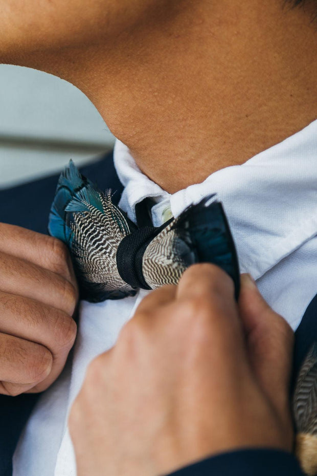 Denver Blues Feather Bow Tie & Lapel pin set - Mandujour Handmade gift for men