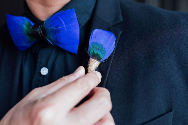 Jacmel Blues Feather Bow Tie & Lapel pin set - Mandujour Handmade