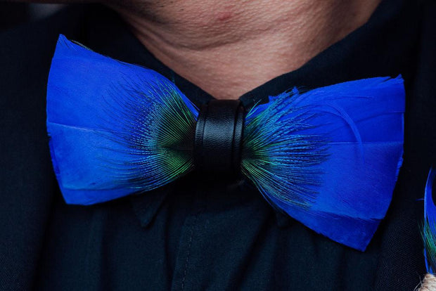 Jacmel Blues Feather Bow Tie & Lapel pin set - Mandujour Handmade