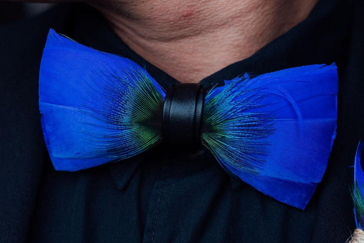 Jacmel Blues Feather Bow Tie & Lapel pin set - Mandujour Handmade