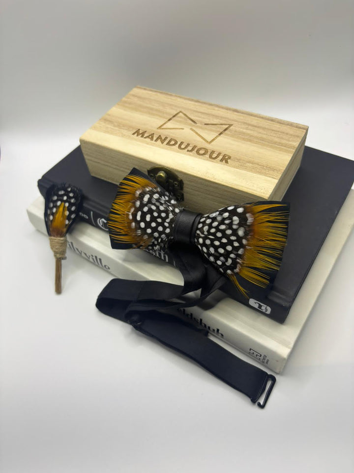 Multicolored Polka-Dot Feather Bow Ties & Lapel Pin Set - Handmade Wedding Accessories for Groom