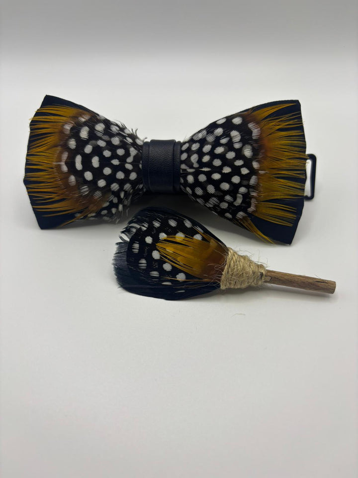 Multicolored Polka-Dot Feather Bow Ties & Lapel Pin Set - Handmade Wedding Accessories for Groom