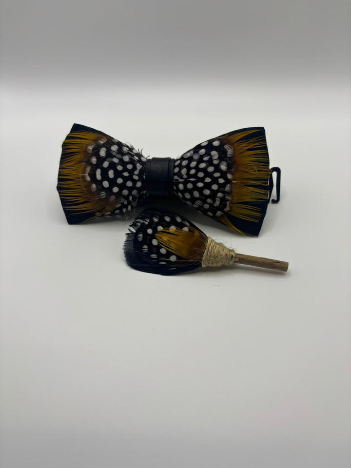 Multicolored Polka-Dot Feather Bow Ties & Lapel Pin Set - Handmade Wedding Accessories for Groom