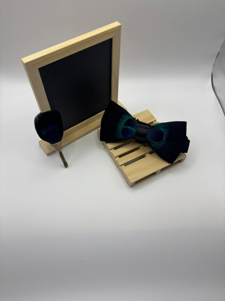 Peacock Feather Bow Tie & Lapel Pin Set - Elegant Midnight Black Accessory for Men