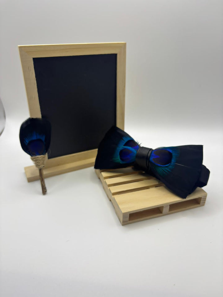 Peacock Feather Bow Tie & Lapel Pin Set - Elegant Midnight Black Accessory for Men